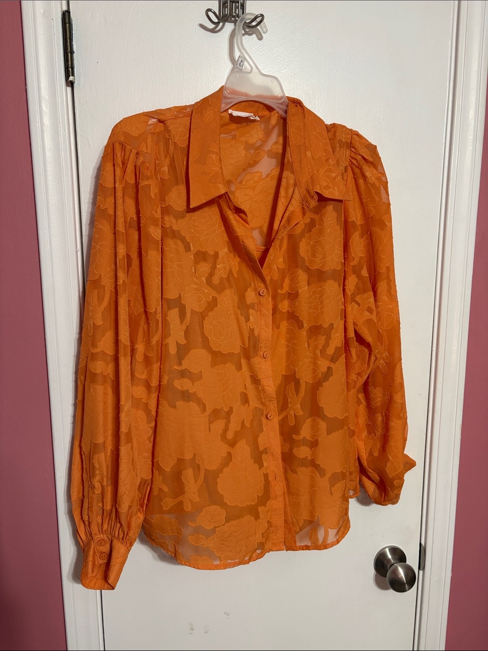 Orange Floral Sheer Button-Up Blouse